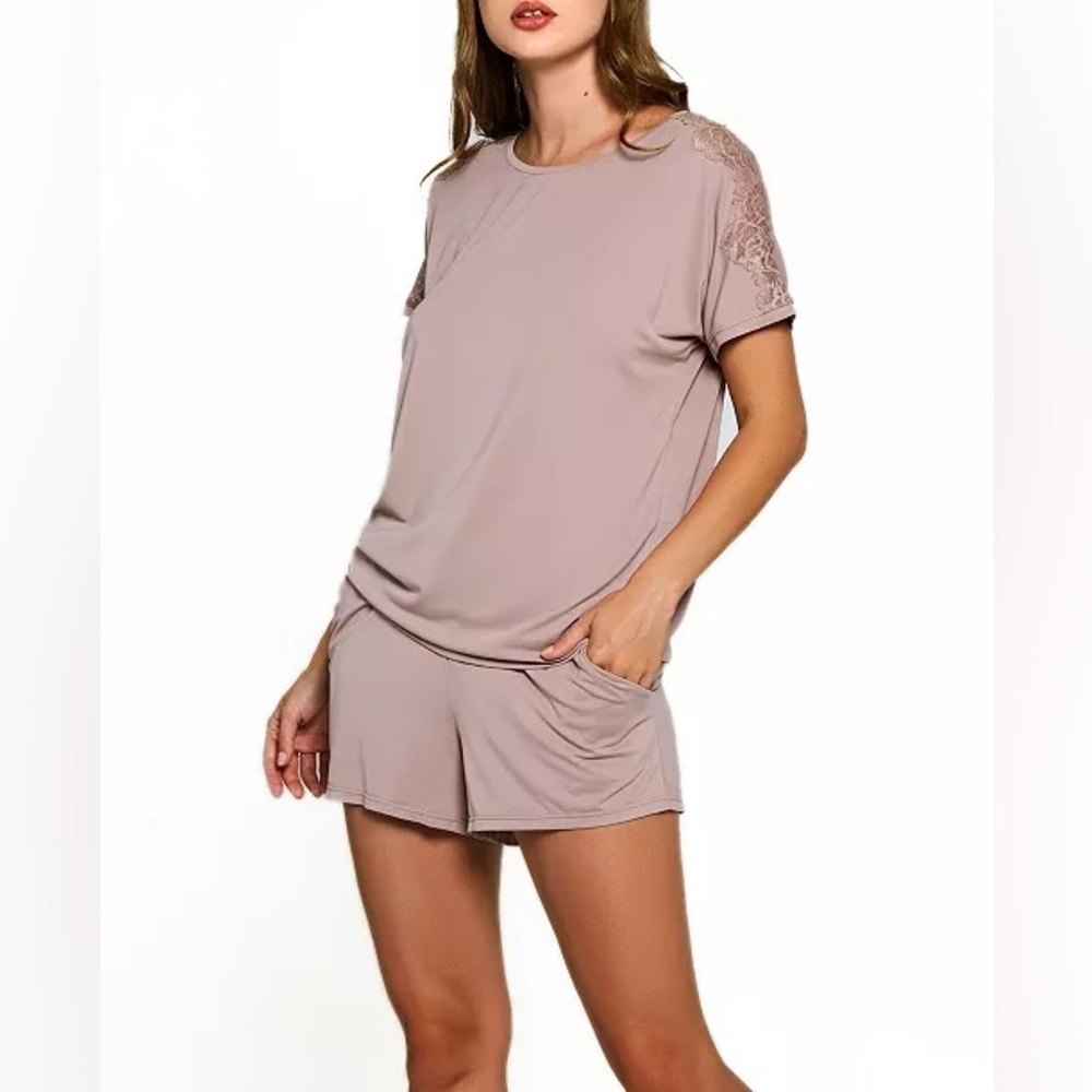 iCollection Women's Estelle Modal and Lace Short Sleeve Top and Short Pajama